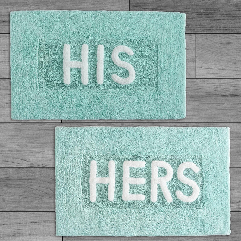 Creative Home Ideas Jean Pierre Cotton 2-Piece Bath Rug Set - Soft Cotton Bath Mat - Bathroom Decor - Water Absorbent and Machine Washable - Measures 20"x32"- "His & Hers"- Aqua Blue - Image 1